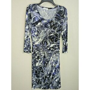Calvin‎ Klein Black Purple Print Stretch Dress Side Gather Knee Length Size 10